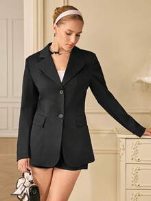 GENKIRA Black Deep V-Neck Wide Shoulder Cinched Waist Silhouette Fitted Sexy & Elegant Blazer For Women - Black - View 5