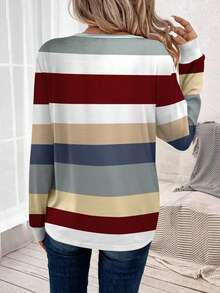 SHEIN LUNE Women's Contrast Color Casual Round Neck Long Sleeve T-Shirt - Multicolor - View 2