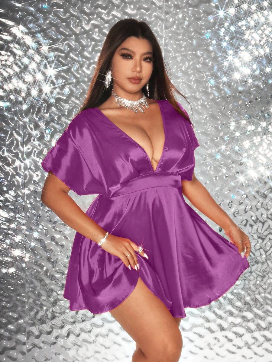 Viva Relle Plus Size Sexig Romantisk Enfärgad Miniklänning - Mauve Lila - Visa 1