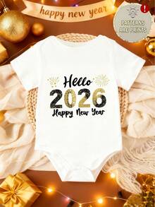 女婴时尚简约2026新年标语黑金字母印花白色短袖连体衣，适合新年宝宝穿着，新年服装，婴儿连体衣，中性婴儿服装 - 白色 - 查看 6