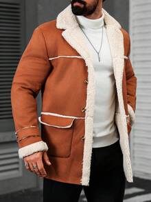 Manfinity Homme Men's Solid Color Double Breasted Casual Jacket, Fall/Winter, Mix And Match Fall Men Clothes, Winter Men Khaki Coat, Fleece Warm Coat Men Long Coat Men Shearling Coat Men Outerwear Earthy Coat Men Burnt Orange Coat Men - Brown - View 5
