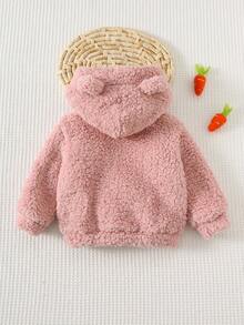 Cozy Pixies Baby Girl Cartoon Rabbit Applique Thermal Lined Hooded Long Sleeve Pullover Sweatshirt - Pink - View 2