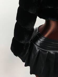 Y2K Amplova Women's Solid Color Long Sleeve Zip-Up Hooded Faux Fur Trim Short Jacket, Winter, Autumn/Winter Thanksgiving And New Year Party Dress - Black - View 8