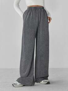 SHEIN Tall 女士纯色松紧腰宽松运动裤 - 深灰色 - 查看 4