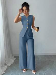 Selianne Bộ đồ thường ngày/đi làm trang trí cúc hoa thanh lịch dành cho nữ - Màu xanh lam - Xem 3