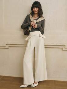 Cévolie 女士纯色褶皱高腰双扣装饰阔腿裤 - 白色 - 查看 6