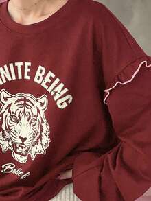 FRIFUL Women's Crew Neck Contrast Color Frill Trim Animal Letter Print Thermal Lined Contrast Color Sweatshirt, Halloween Costume, Autumn - Burgundy - View 6