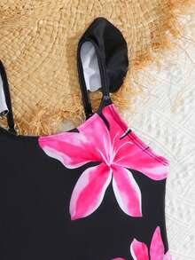 SHEIN Tween Girls Floral Print One-Piece Swimsuit With Tie-Front Skirt Hibiscus Swimsuit Girls Black With Pink Flower Swimsuit Tween Hawaiian Outfit Black One Piece Bathing Suit With Skirt - Black - View 4