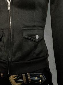 StreetHx 女士黑色保暖内衬束腰毛领夹克，Y2K 叛逆风，朋克摇滚风，修身舒适，适合万圣节，2000 年代街头服饰，长袖连帽修身款