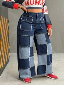 Slaydiva Quần jeans ống loe vá màu xanh không co giãn, phong cách cowgirl, cỡ lớn mùa đông cho nữ, mùa đông - Rửa tối - Xem 5