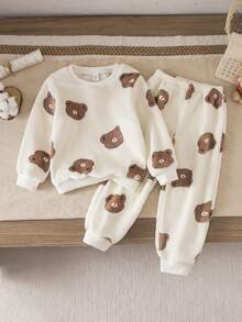 秋季小男孩休闲熊印花圆领运动衫和慢跑裤套装 - 杏色 - 查看 1