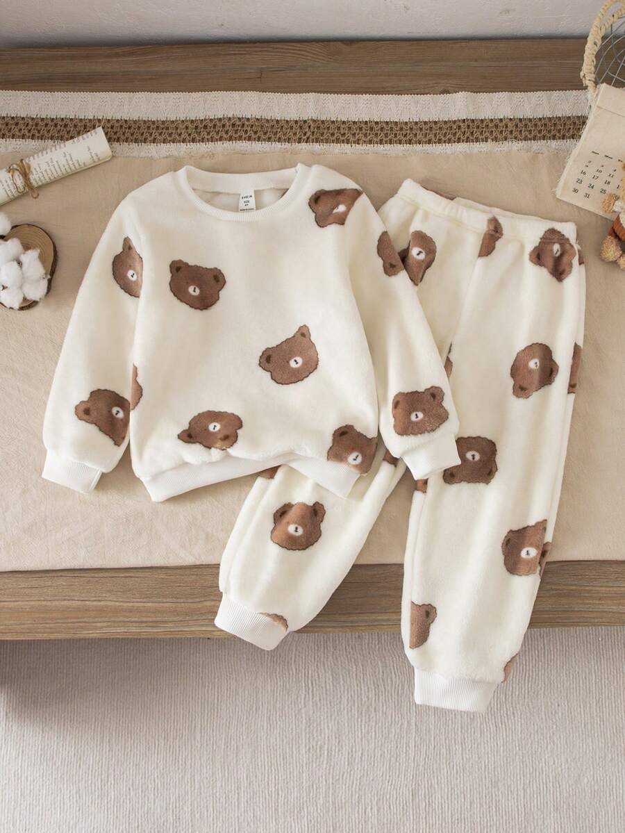 秋季小男孩休闲熊印花圆领运动衫和慢跑裤套装 - 杏色 - 查看 1