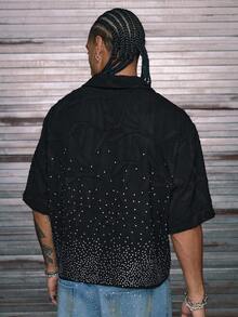 AXEPEAK Áo thun polo dáng rộng đính đá pha lê cho nam - màu đen - Xem 3