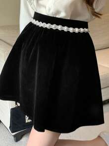 DAZY 女士优雅天鹅绒仿珍珠装饰半身裙 - 黑色 - 查看 4