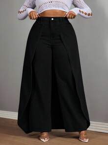 Slaydiva 冬季加大码女式牛仔风 - 蓝色无弹力牛仔拼接阔腿裤 - 黑色 - 查看 4