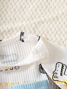 SHEIN 新生男宝宝白坑图案卡通恐龙图案印花拼接绿口袋长袖上衣配绿裤两件套可爱休闲运动时尚新品 - 藍色 - 查看 6