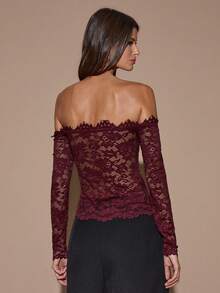 SHEIN BAE Women's Lace Sexy Sheer Hollow Out Off-Shoulder Long Sleeve Top, Wine Red, Day Of The Dead, Autumn/Winter Layering,Red Top,Christmas,Red Tops For Women,Valentine's Day,Valentine Outfits For Women - Burgundy - View 2