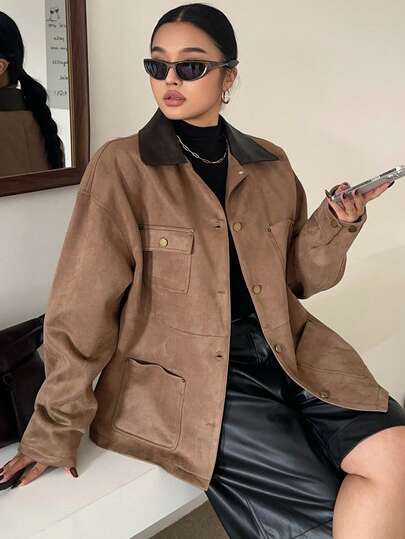 Dazy Plus Color Block Faux Suede Thickened Pocket Street Style Plus Size Women Jacket, Autumn/Winter Women Coats