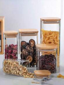 Recipiente hermético cuadrado para almacenamiento de alimentos con tapa de bambú - Canister transparente para cereales/té de cocina - transparente - Ver 2