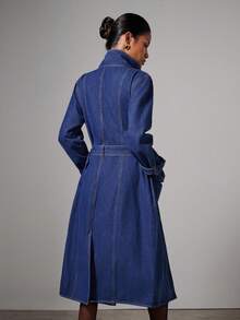 COSMINA 女式休闲前扣立领牛仔夹克，秋季 - 藏蓝色 - 查看 4