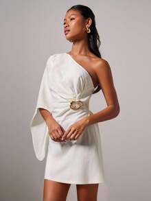 COSMINA Vestido corto de mujer con cuello asimétrico elegante, hebilla de metal, drapeado ajustable y cintura con lazo, versátil para ir a la oficina o para uso diario, apto para todas las estaciones - Blanco - Ver 6