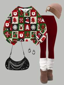 Frohe Weihnachten! Niedliche, strukturierte Socken mit festlichem Cartoon-Muster: Rentier, Weihnachtsmann, Weihnachtsbaum, Lebkuchenmann, Zuckerstangen. Rotes, festliches, lässiges 2 Stücke Set für Teenager-Mädchen mit Rundhalsausschnitt, langen Ärmeln und Leggings. Geeignet für Herbst/Winter. Größe 8. Rot-weißer, niedlicher Weihnachtspullover für Teenager. Mädchen 12-14. Weihnachtskleidung für Teenager. - Verschiedenfarbig - Übersicht 2