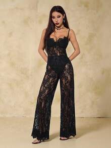 SHEIN PETITE 纯黑色性感透明蕾丝连体裤，优雅女士内衣，日常约会装，外出装，派对装，不对称阔腿连体裤，情人节连体裤，休闲连体裤，优雅连体裤 - 黑色 - 查看 5