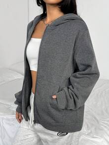 青少年女孩百搭休闲百搭运动日常高街超大号带口袋连帽夹克 - 深灰色 - 查看 6