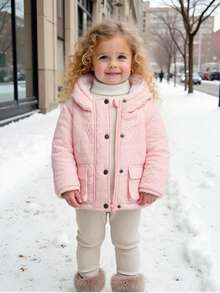 SHEIN Playful Pals 可爱时尚女婴连帽棉衣，立体花朵纹理和面料贴花，灵感来自百搭设计元素，适合秋冬季日常穿着 女婴冬季夹克 - 粉色 - 查看 8