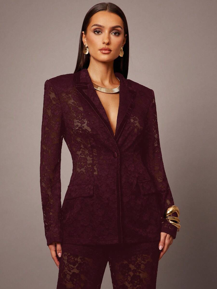 Silquee Blazer de encaje de un solo botón para mujer - Burdeos - Ver 1