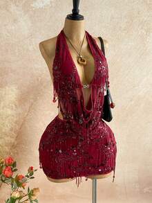 Soleia 2 件合身闪亮流苏亮片垂坠领吊带背心和迷你裙套装，适合音乐节、派对、中国红、年会、圣诞节、万圣节 - 酒紅色 - 查看 7