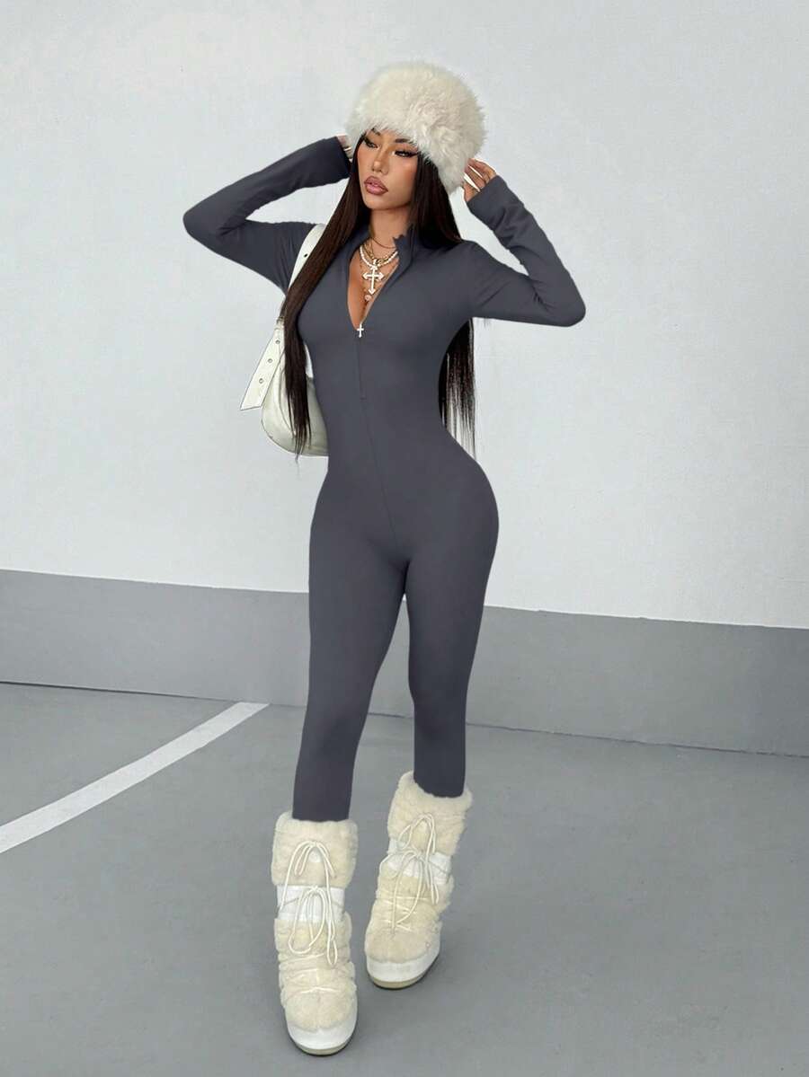 Women's Streetwear Solid Color Long Sleeve Half Zip Jumpsuit, Autumn - Grey - View 1