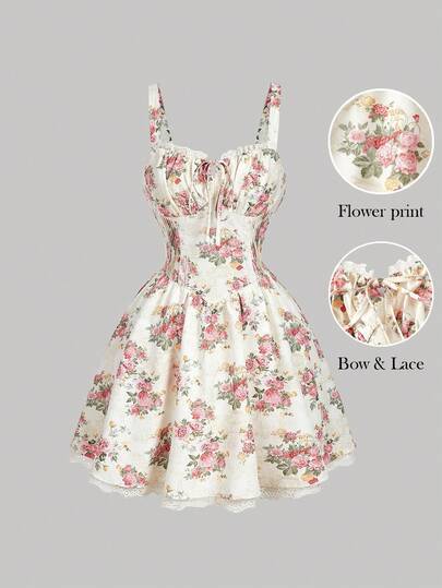 SHEIN MOD Women's Criss-Cross Back Floral Print Lace Trim Camisole Mini Dress Short Floral Dress Flower Dress Garden Party Dress Tea Party Dress Bustier Dress Wedding Party Dress