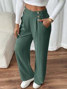 SHEIN Frenchy 大码女式休闲黑色长裤，日常穿着和通勤必备，带金属纽扣装饰、实用口袋，2025 年新款时尚黑色长裤 - 墨綠色 - 查看 3