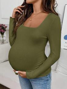 SHEIN Maternity Casual Solid Color Fitted T-Shirt, Autumn - Army Green - View 5