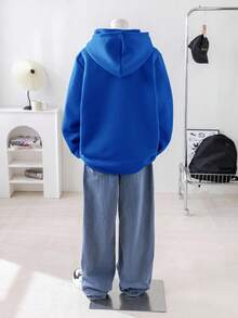 SHEIN Teen Boys' Casual Hooded Sweatshirt, Embossed English Text, Long Sleeve, Autumn, Winter, Sports, Baby Blue, Y2k, Graduation, Back-To-School, Versatile Sweatshirts - Royal Blue - View 5
