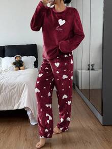 SHEIN Heart Fleece Long Sleeve Top & Pants Fluffy Pajama Set, Cozy Winter Clothes - Red - View 3