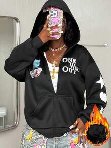 Coolane Women's Spring/Summer Couple Same Style/Couple Same Style/Basic/Going Out Knit Camo Thermal Lined Keep Warm Zip Up Green Baggy Long Sleeve Sweatshirt Autumn Winter Clothes For Women - Black - View 1