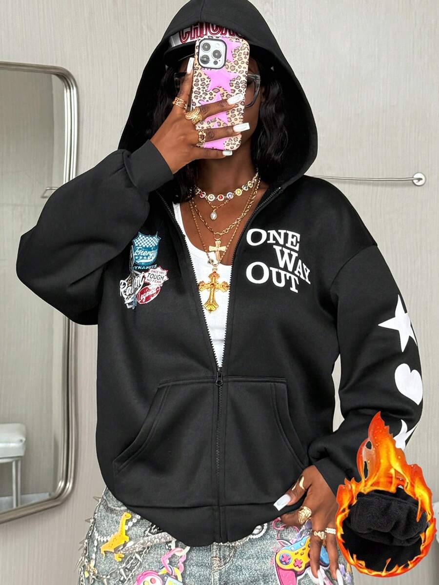 Coolane Women's Spring/Summer Couple Same Style/Couple Same Style/Basic/Going Out Knit Camo Thermal Lined Keep Warm Zip Up Green Baggy Long Sleeve Sweatshirt Autumn Winter Clothes For Women - Black - View 1