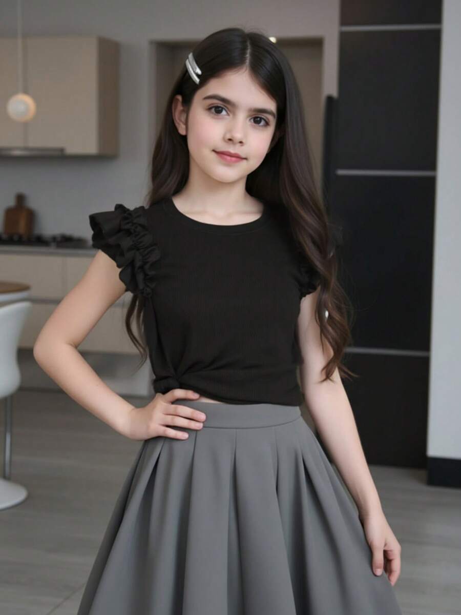 SHEIN Tween Girl Solid Color Round Neck Cap Sleeve Casual T-Shirt - Black - View 1
