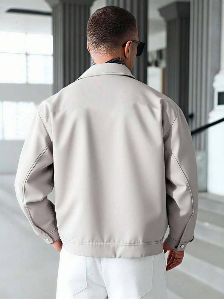 Manfinity Homme Áo khoác nam trơn màu cài nút có túi nắp, mùa thu - Màu be - Xem 2