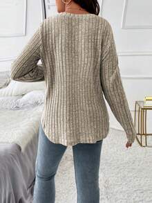 EMERY ROSE Plus Size Women's Casual V-Neck Long Sleeve Ribbed Knit T-Shirt, Solid Color, Versatile For Daily Wear, Spring/Autumn - Apricot - View 3