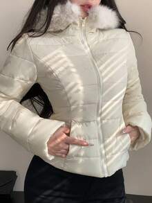 DAZY 女式休闲毛领拼布棉服外套，秋冬 - 米色 - 查看 6