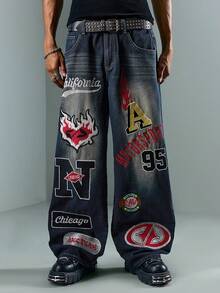 ROMWE MEN Grunge Punk Jeans rectos y sueltos con bordados y bolsillos para hombre, moda urbana - Azul - Ver 1