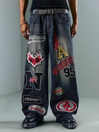 Jeans rectos y sueltos con bordados y bolsillos para hombre, moda urbana