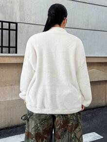 SHEIN EZwear 大码羊毛字母贴花落肩高领保暖运动衫，秋冬 - 白色 - 查看 2