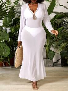 Swim SXY Áo choàng bó sát cổ chữ V màu trơn cỡ lớn dành cho nữ - trắng - Xem 3