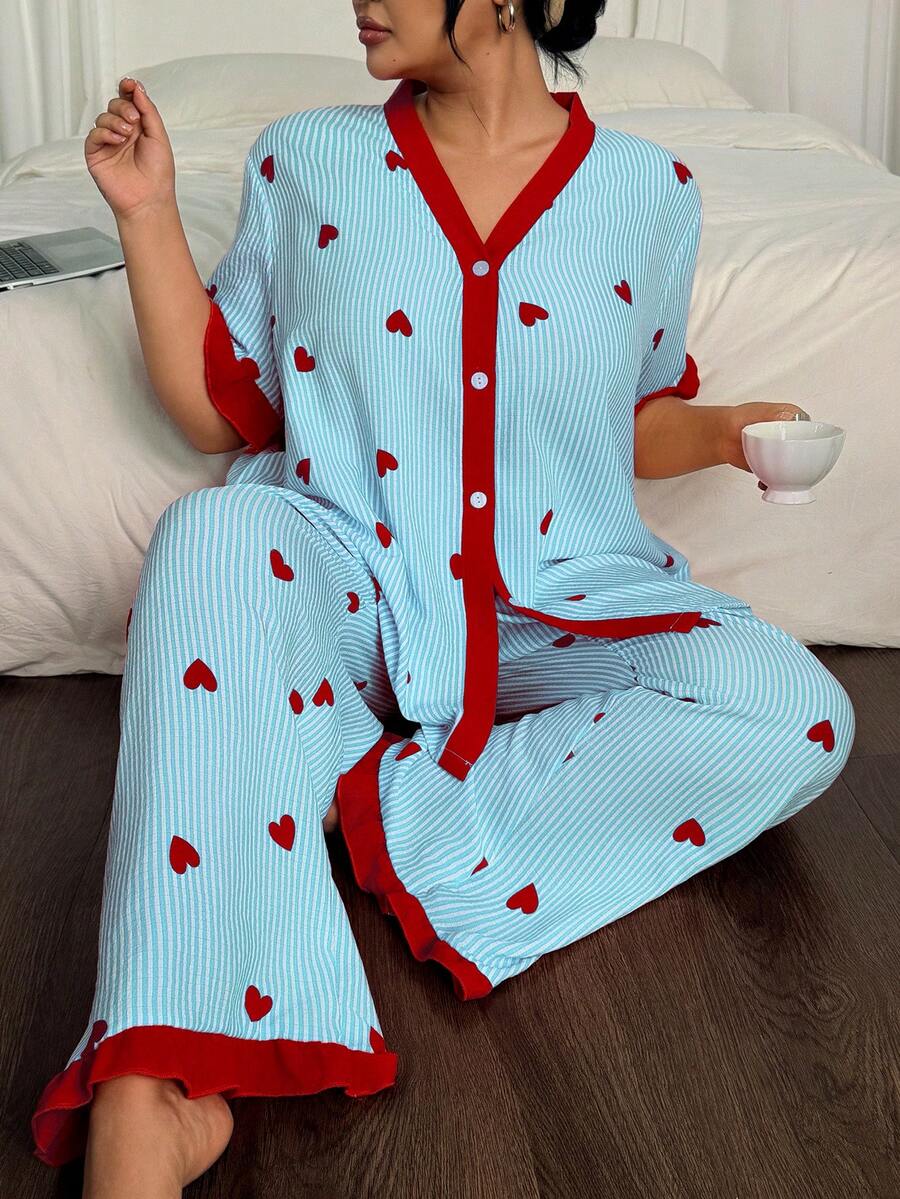 Eraneu Striped Heart Print Contrast Color Open Front Plus Size Short Sleeve Pajama Set - Multicolor - View 1