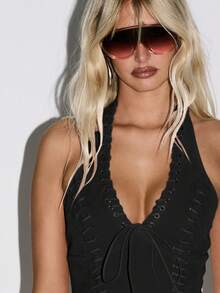 KIZN Lace-Up Halter Top With Corset Details Summer Festival Fashion Crop Top - Black - View 4