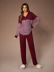 Lazeform Set de lenjerie intimă casual pentru femei, cu dungi, contrastant, cu blocuri de culoare, cu decolteu în V, mânecă lungă